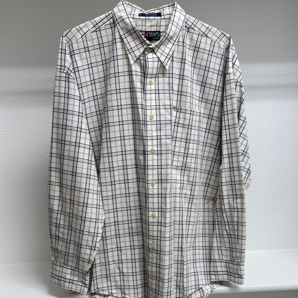 Chaos Ralph Lauren Men’s XL‎ Long Sleeve Button Down Tan Black Plaid Dress Shirt